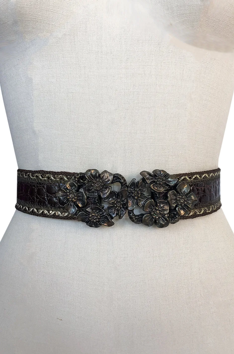 1980s Emanuel Ungaro Alligator and Metal Buckle Brown Leather Belt