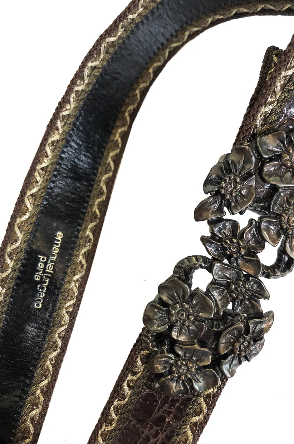 1980s Emanuel Ungaro Alligator and Metal Buckle Brown Leather Belt