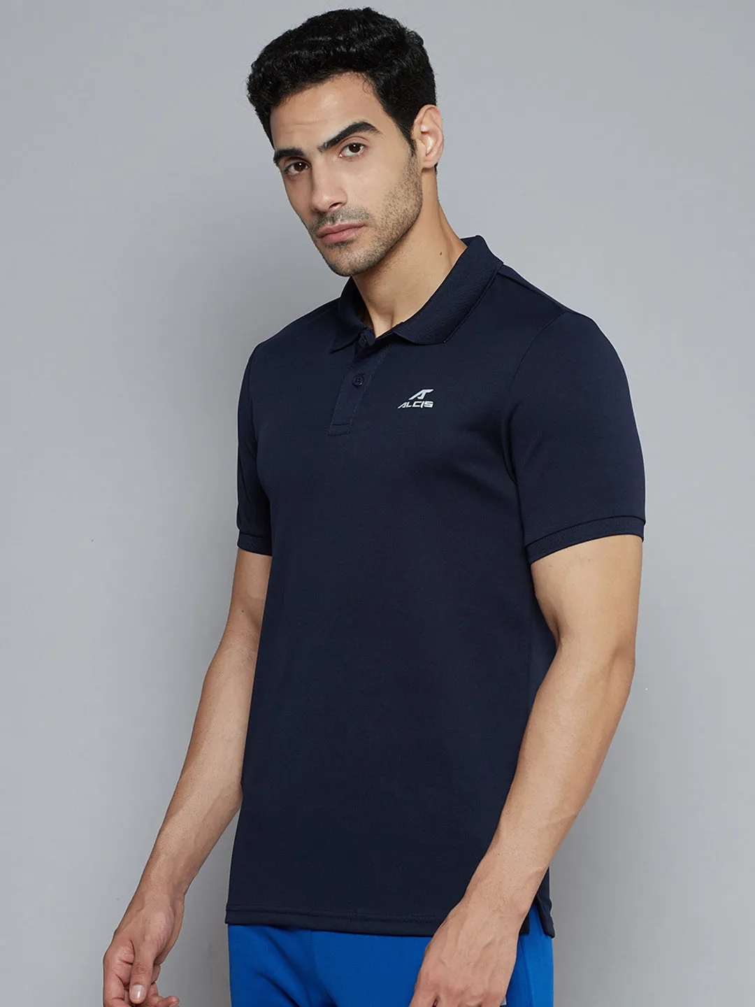 Alcis Men Navy Blue Solid Polo Collar Slim Fit Wonder T-shirt