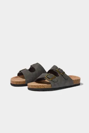 Boy Flat Sole Double Banded Faux Leather Slippers