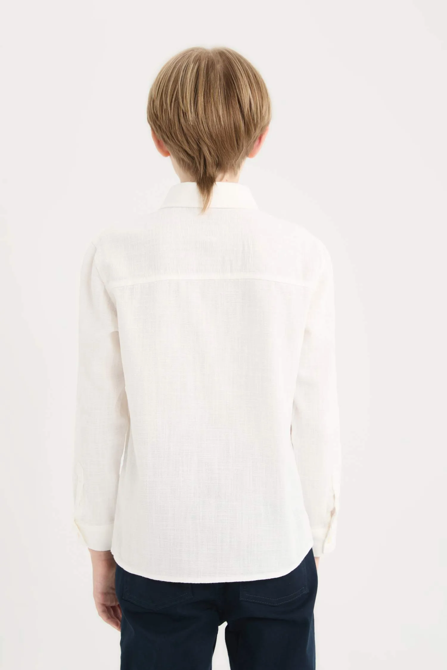 Boy Polo Collar Linen Look Long Sleeve Shirt