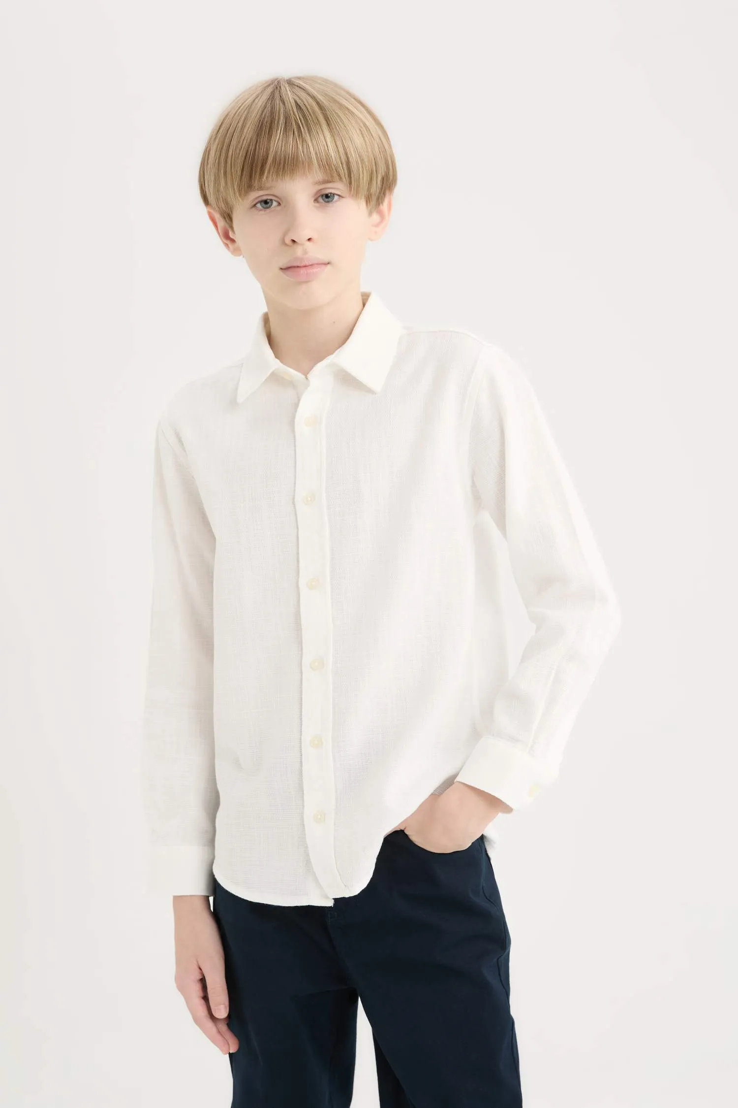 Boy Polo Collar Linen Look Long Sleeve Shirt