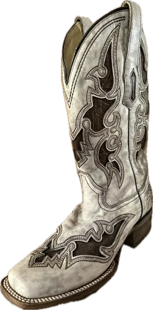 Corral Women's Square Toe, White with Brown Inlay Boots