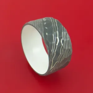 Damascus Steel Ring with Interior Cerakote Sleeve Custom Made Band