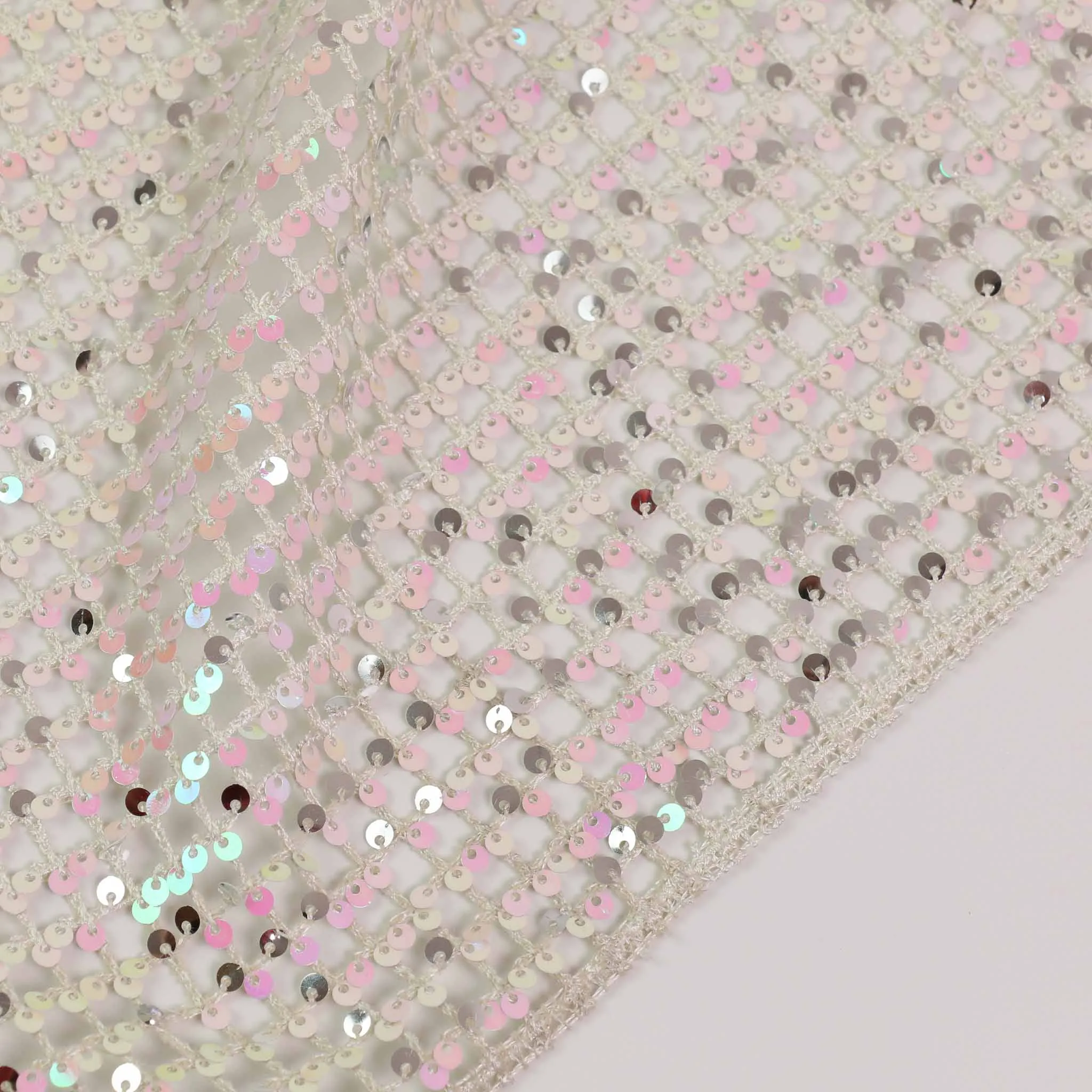 Fishnet Sequin Fabric - White, Iridescent