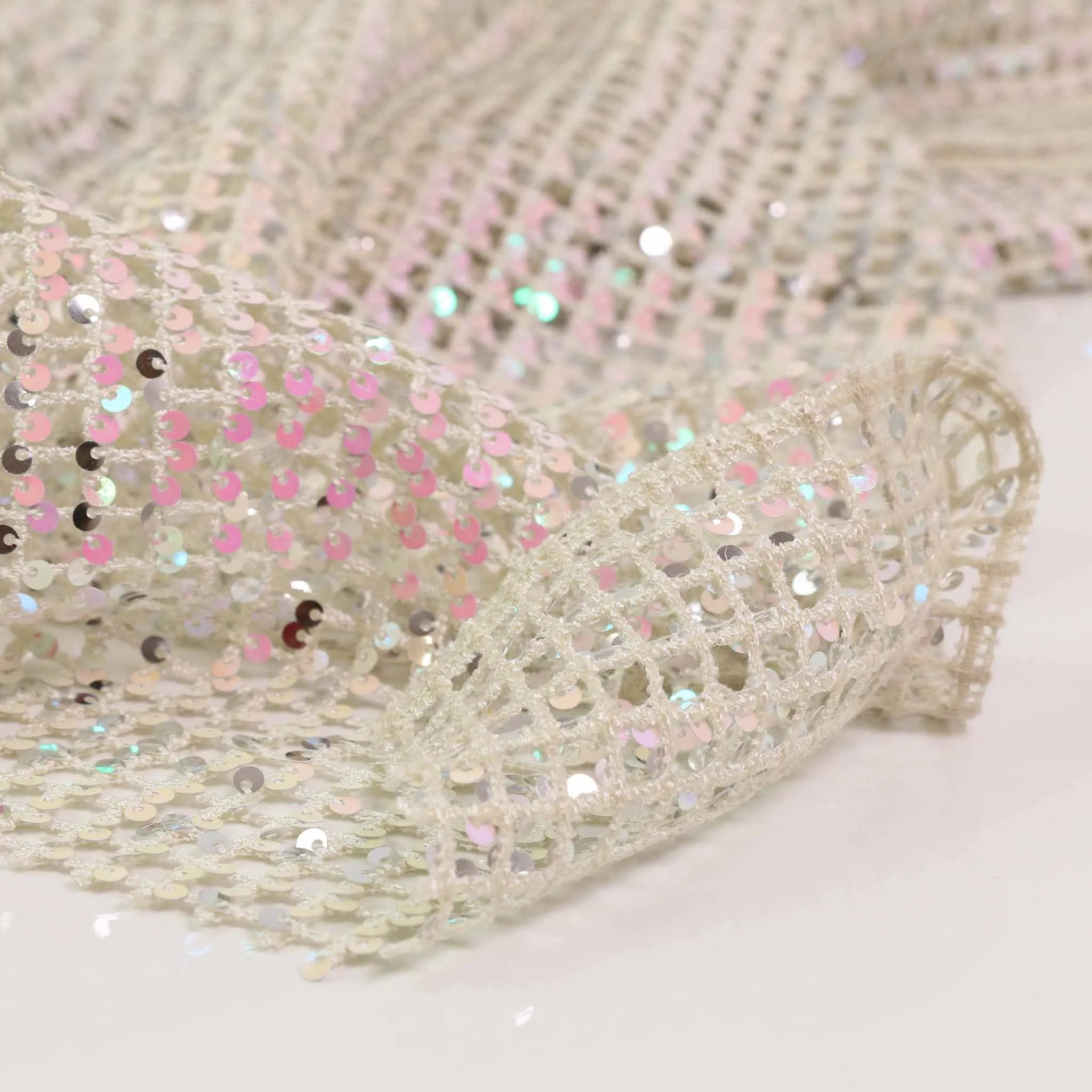 Fishnet Sequin Fabric - White, Iridescent
