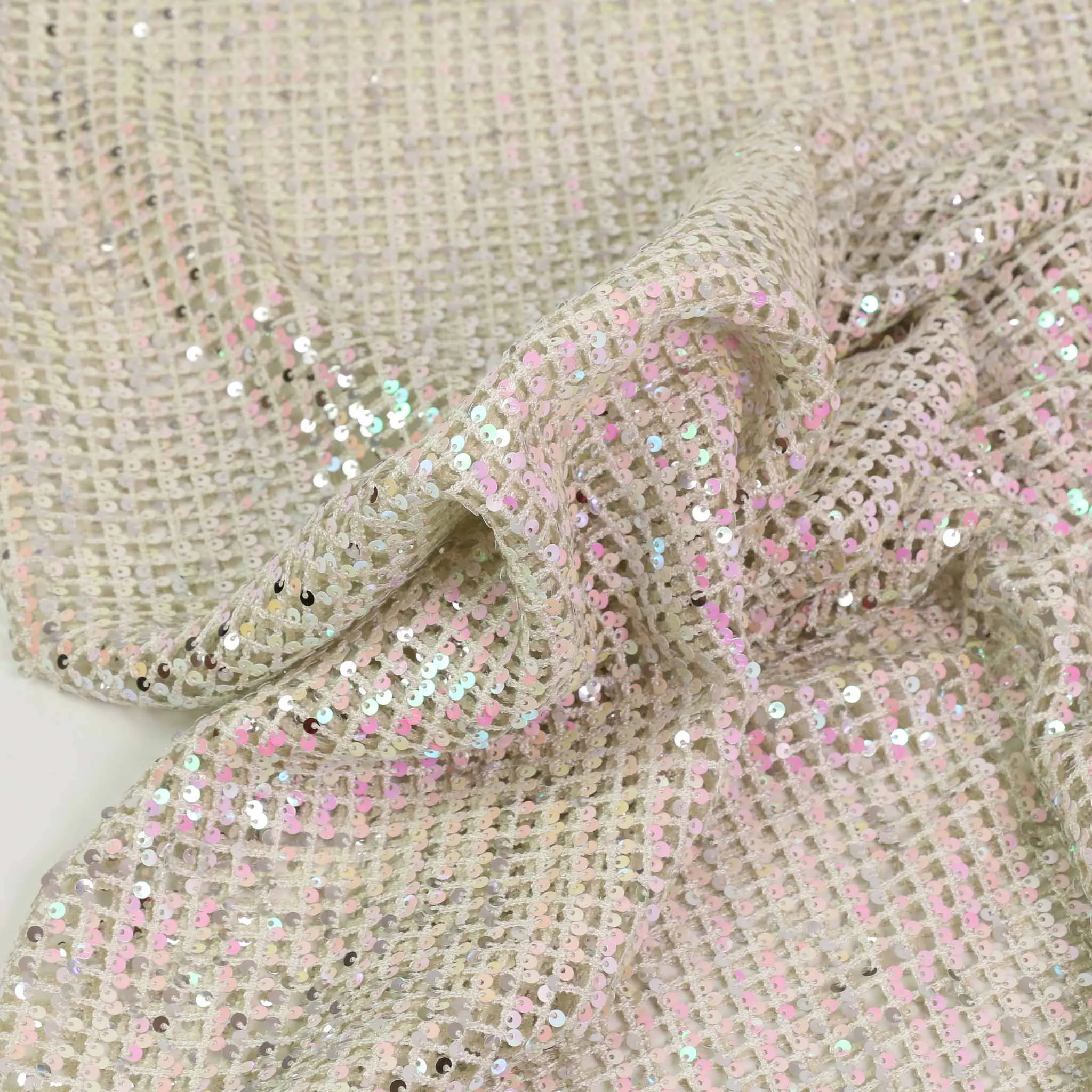 Fishnet Sequin Fabric - White, Iridescent