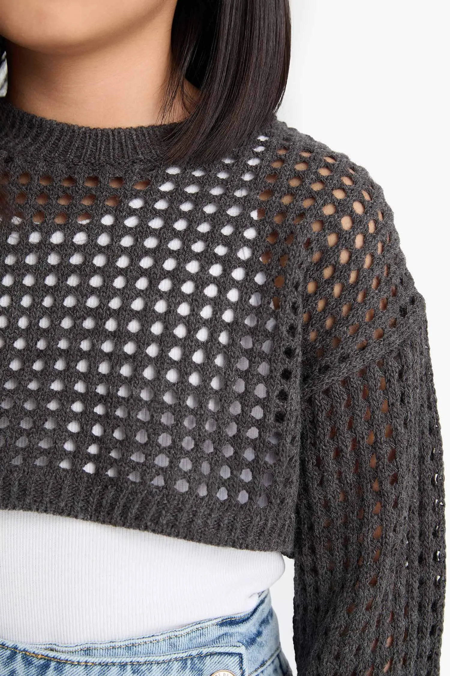 Girl Crew Neck Openwork Crop Pullover