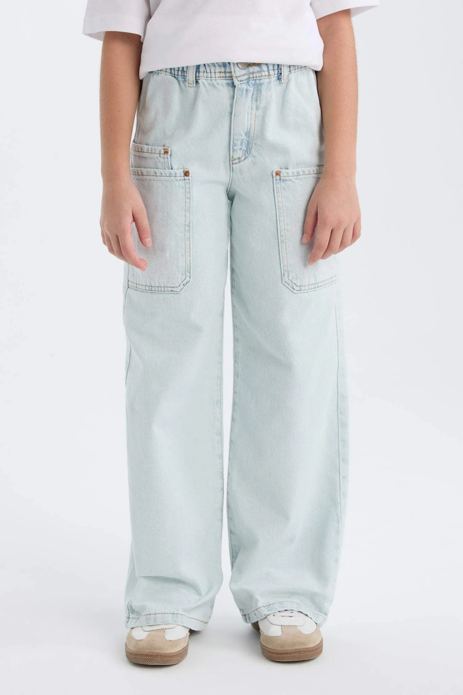 Girl Paperbag Cargo Wide Leg Cotton Trousers