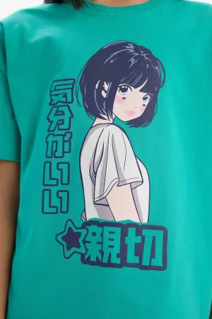 Girls Oversize Wide Mold Bicycle Collar Printed Short Sleeve T-shirt