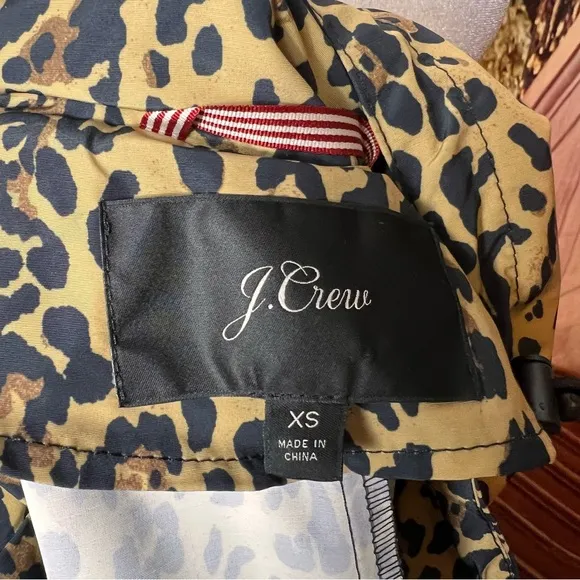 J. Crew XS Perfect Rain Jacket in Leopard Print Water Resistant Hooded Pockets