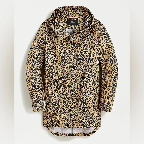 J. Crew XS Perfect Rain Jacket in Leopard Print Water Resistant Hooded Pockets