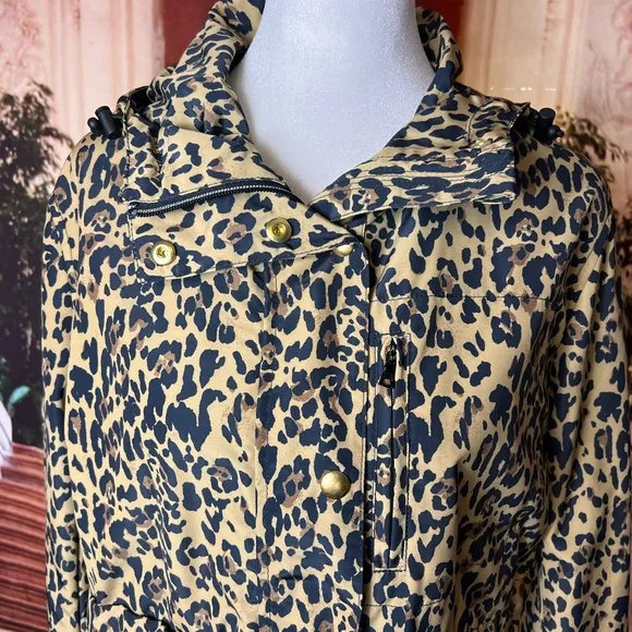 J. Crew XS Perfect Rain Jacket in Leopard Print Water Resistant Hooded Pockets
