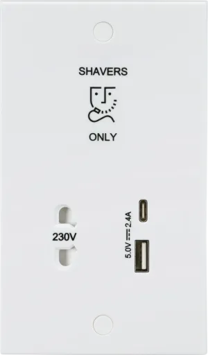 Knightsbridge SN8909 White Square Edge 230V Shaver Socket with Dual USB A C (5V DC 2.4A Shared, Max. 12W)