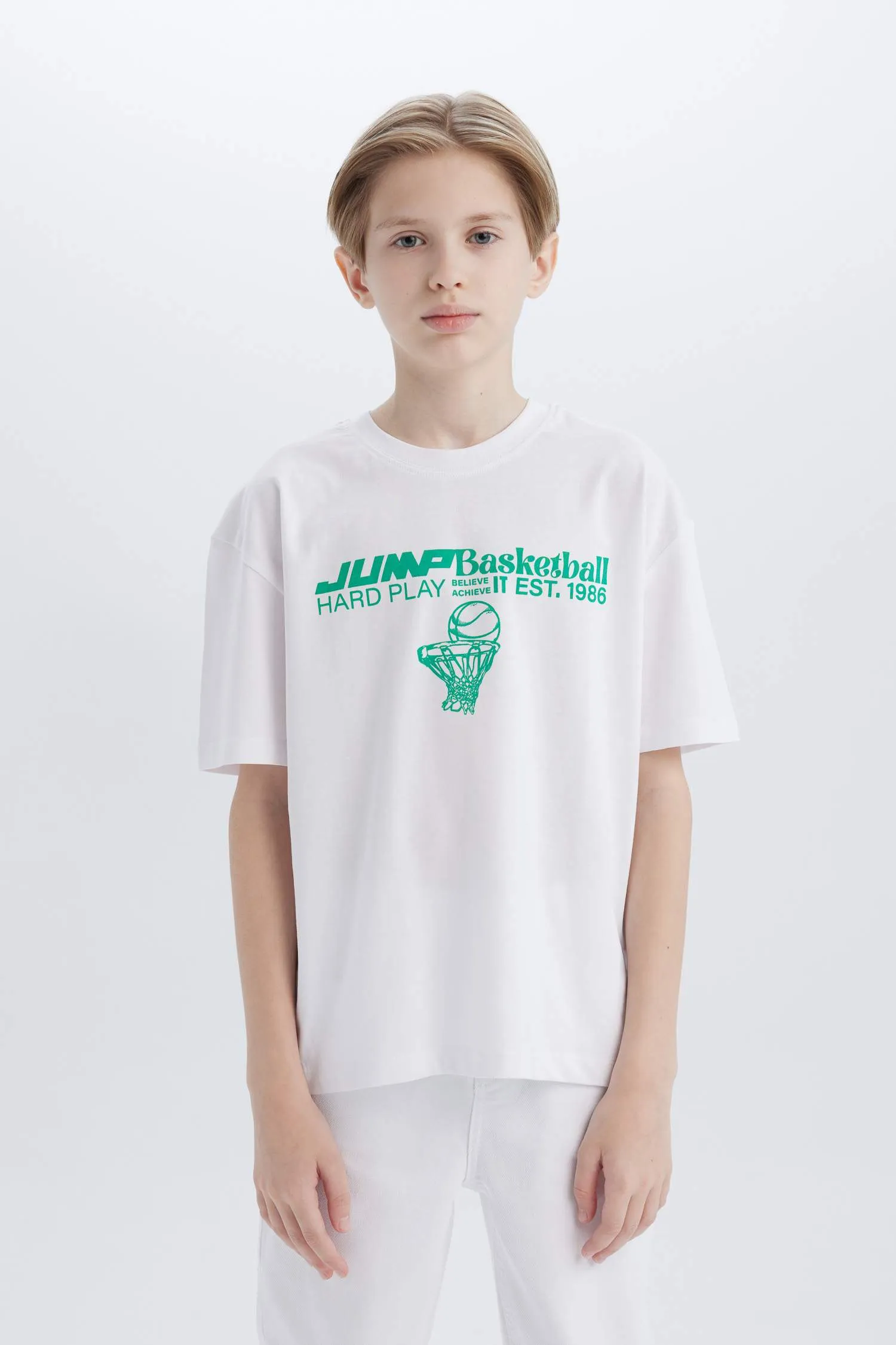 Male Kids Oversize Wide Mold Bicycle Collar Printed Short Sleeve T-Shirt