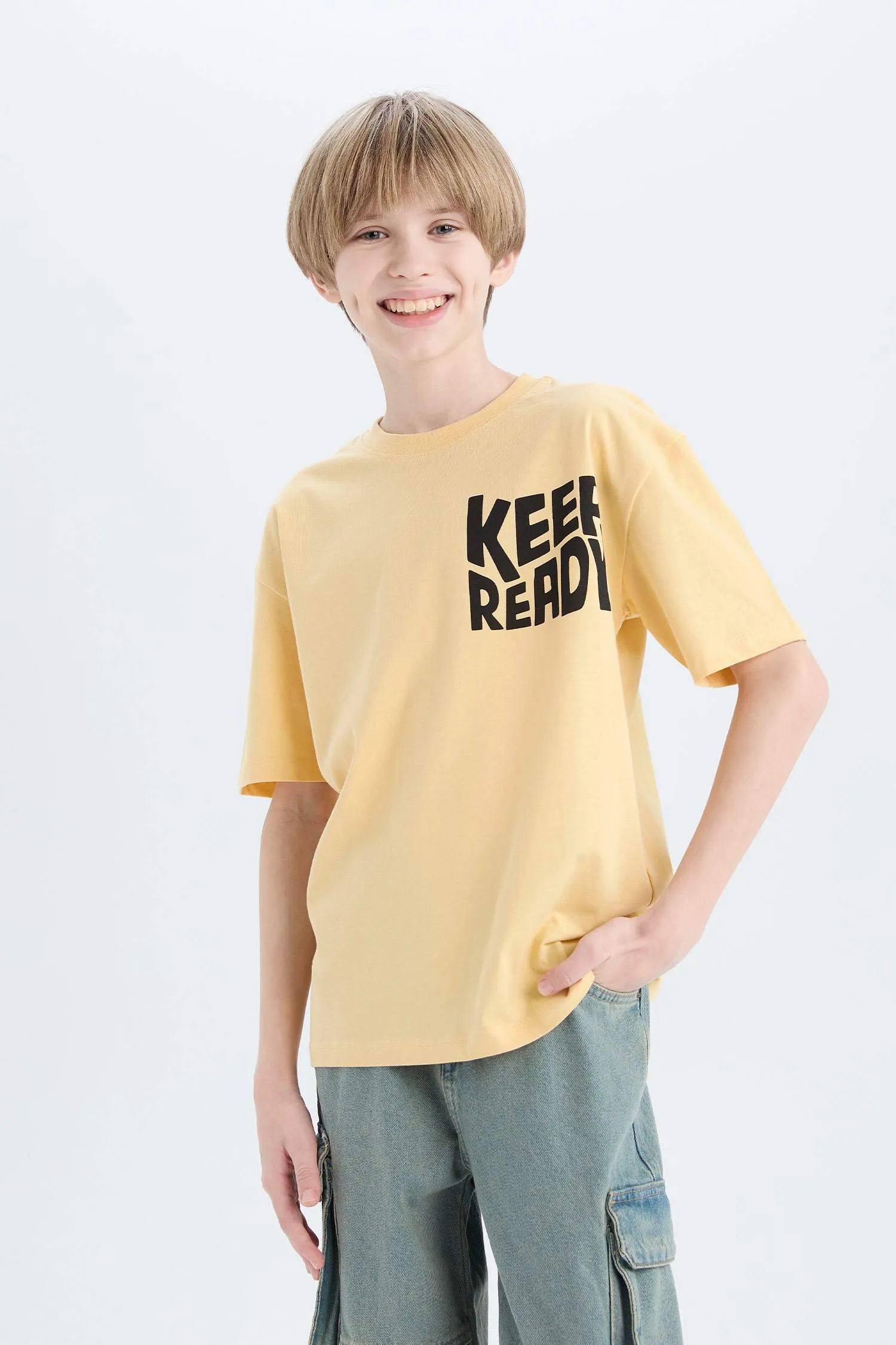 Male Kids Oversize Wide Mold Bicycle Collar Printed Short Sleeve T-Shirt