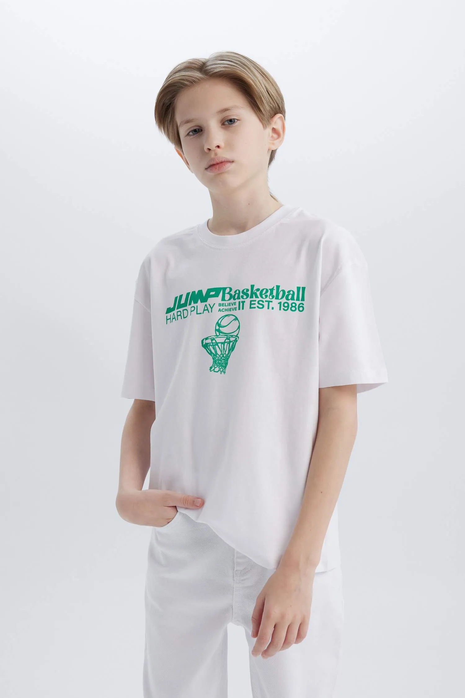 Male Kids Oversize Wide Mold Bicycle Collar Printed Short Sleeve T-Shirt