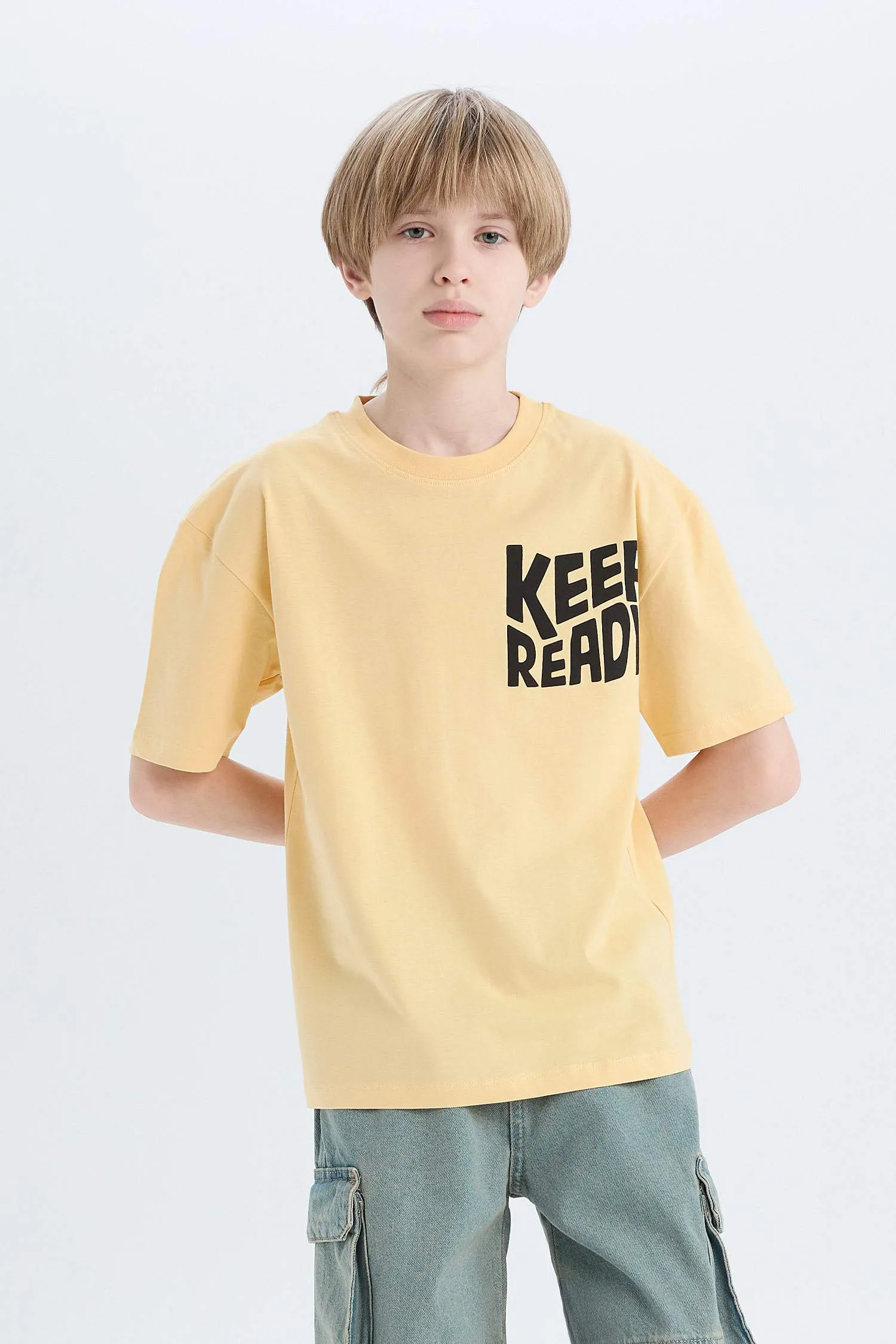 Male Kids Oversize Wide Mold Bicycle Collar Printed Short Sleeve T-Shirt