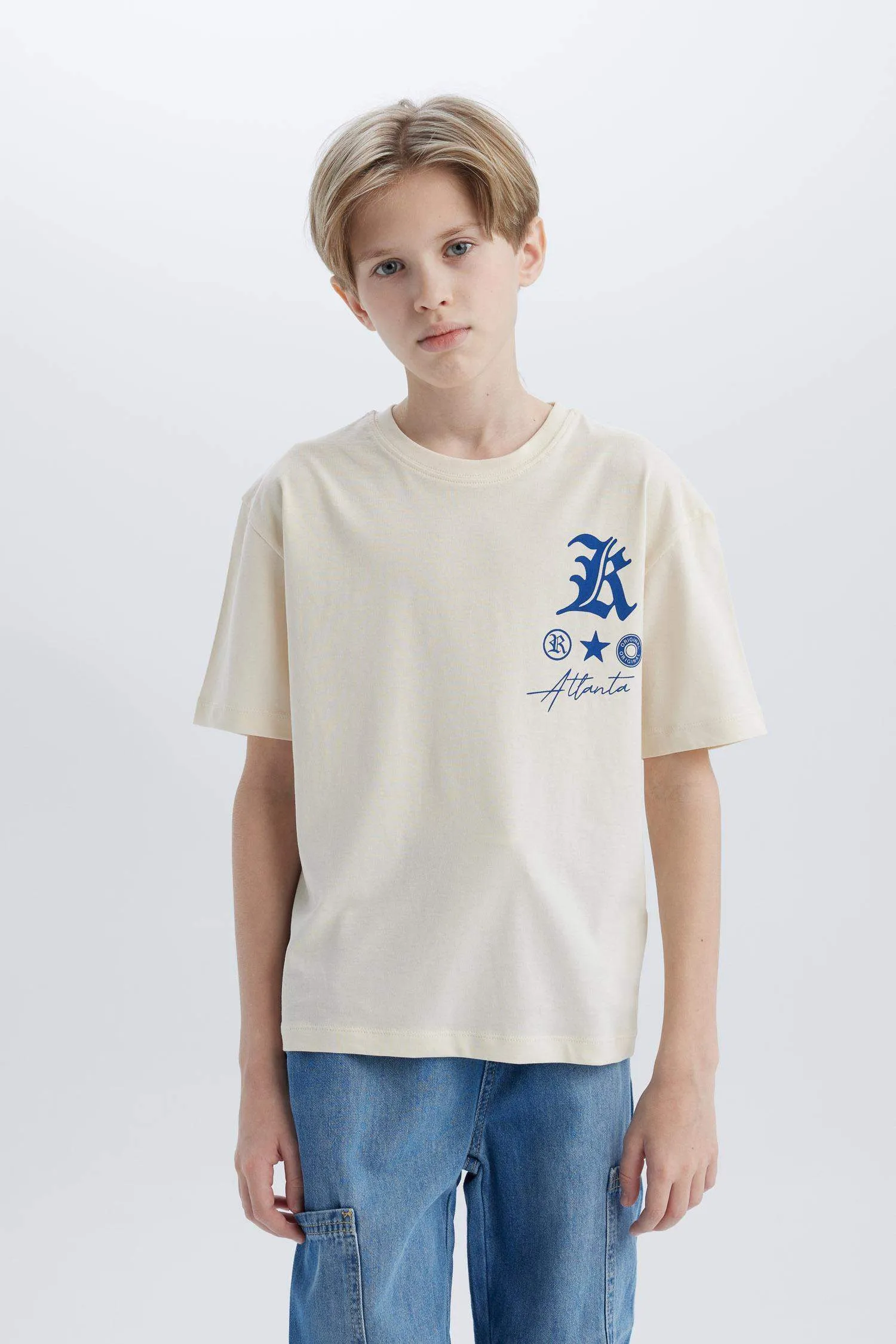 Male Kids Oversize Wide Mold Bicycle Collar Printed Short Sleeve T-Shirt