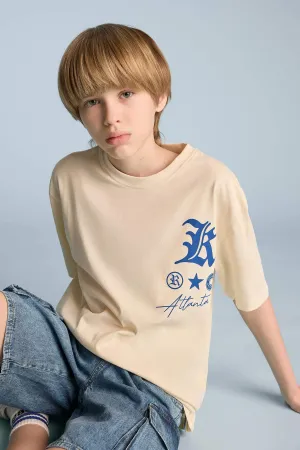 Male Kids Oversize Wide Mold Bicycle Collar Printed Short Sleeve T-Shirt