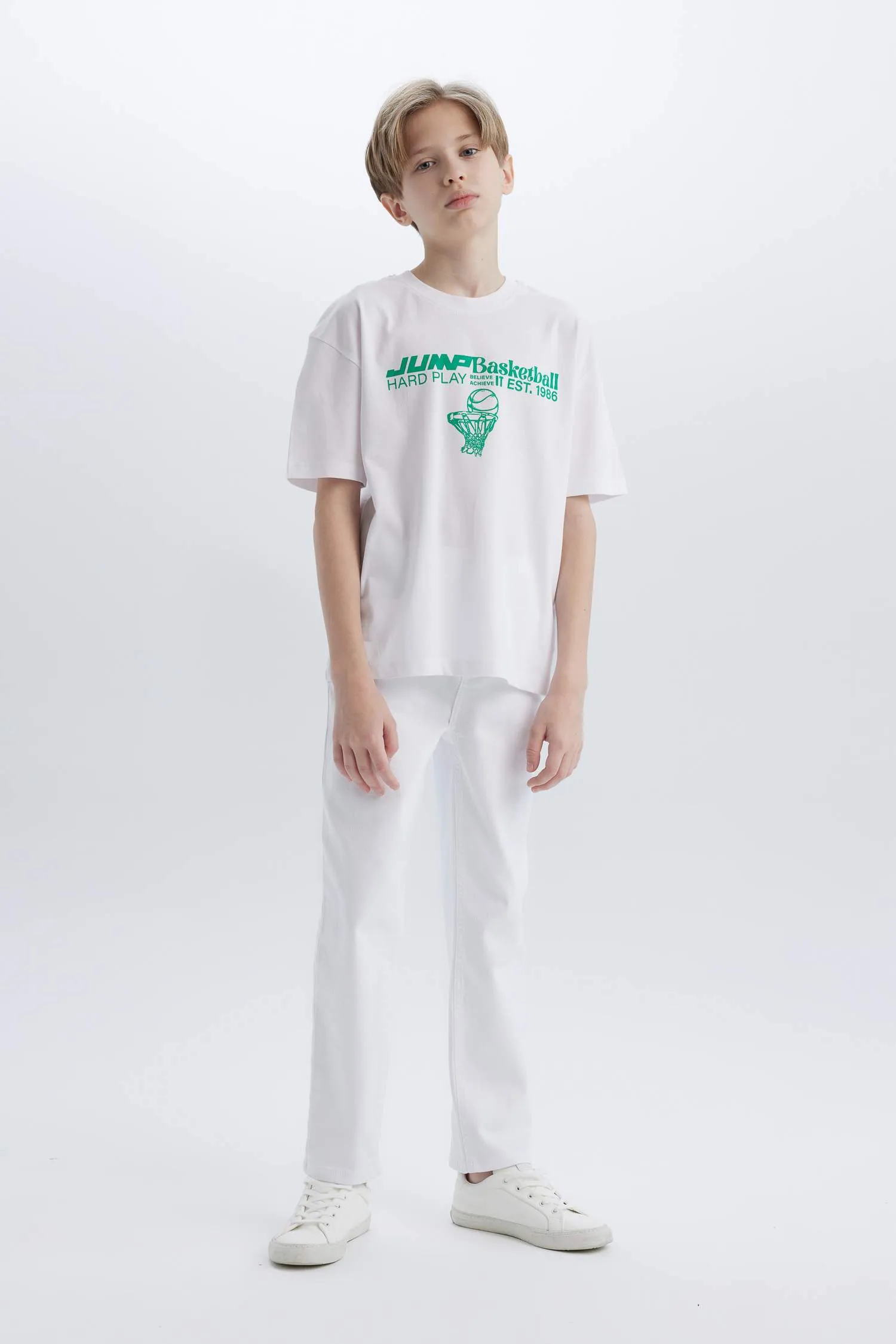 Male Kids Oversize Wide Mold Bicycle Collar Printed Short Sleeve T-Shirt