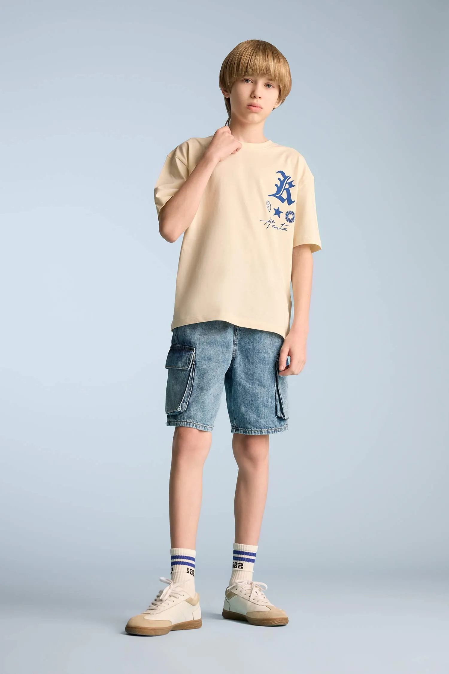Male Kids Oversize Wide Mold Bicycle Collar Printed Short Sleeve T-Shirt