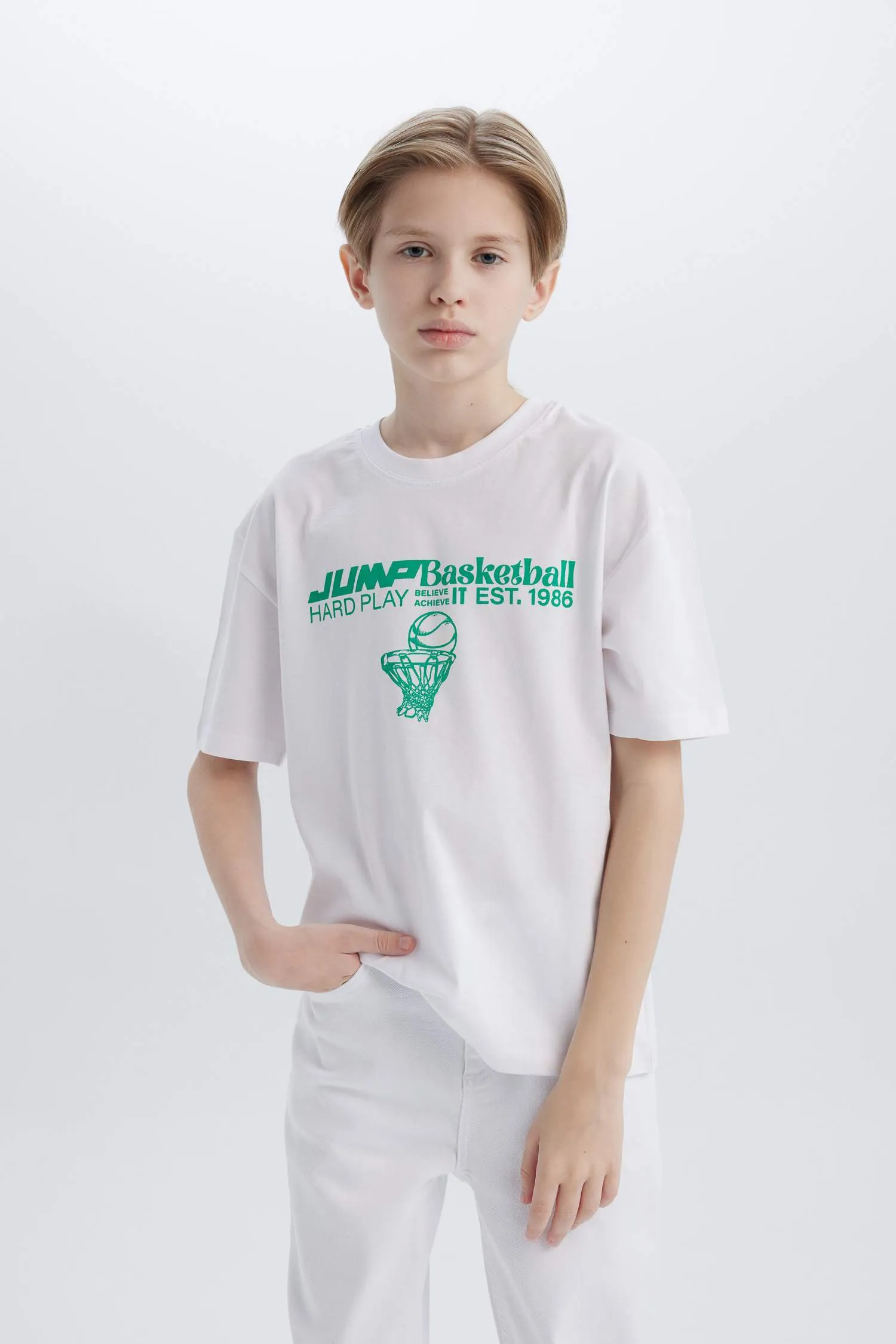 Male Kids Oversize Wide Mold Bicycle Collar Printed Short Sleeve T-Shirt
