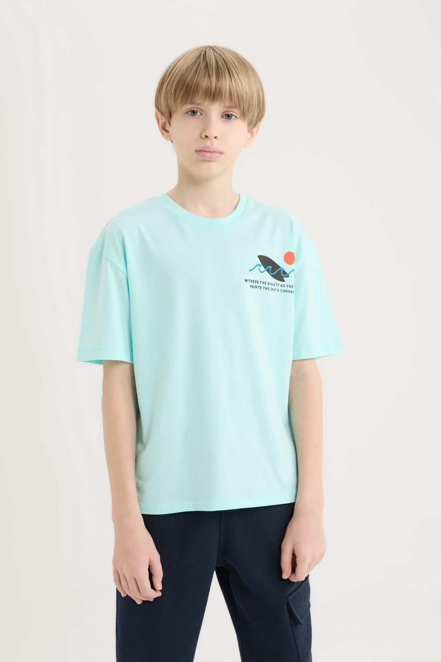 Male Kids Oversize Wide Mold Bicycle Collar Printed Short Sleeve T-Shirt