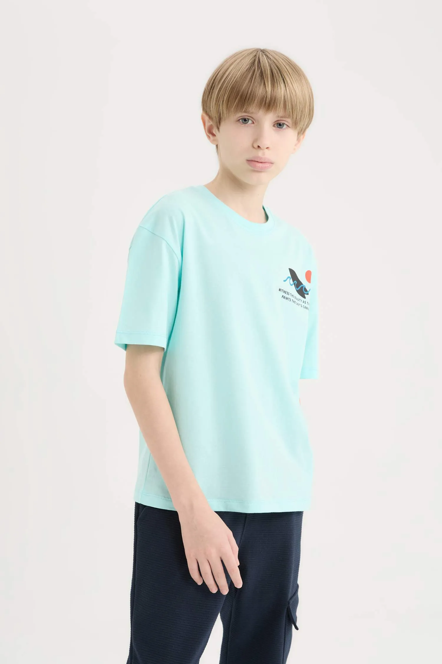 Male Kids Oversize Wide Mold Bicycle Collar Printed Short Sleeve T-Shirt