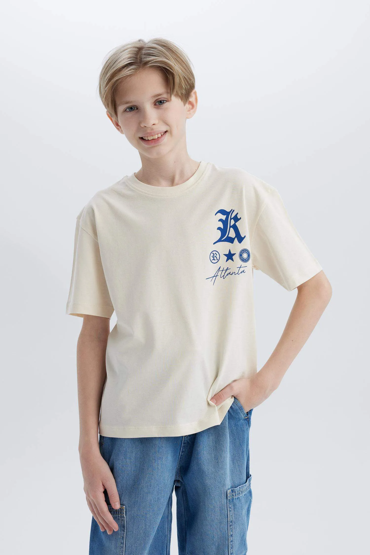 Male Kids Oversize Wide Mold Bicycle Collar Printed Short Sleeve T-Shirt