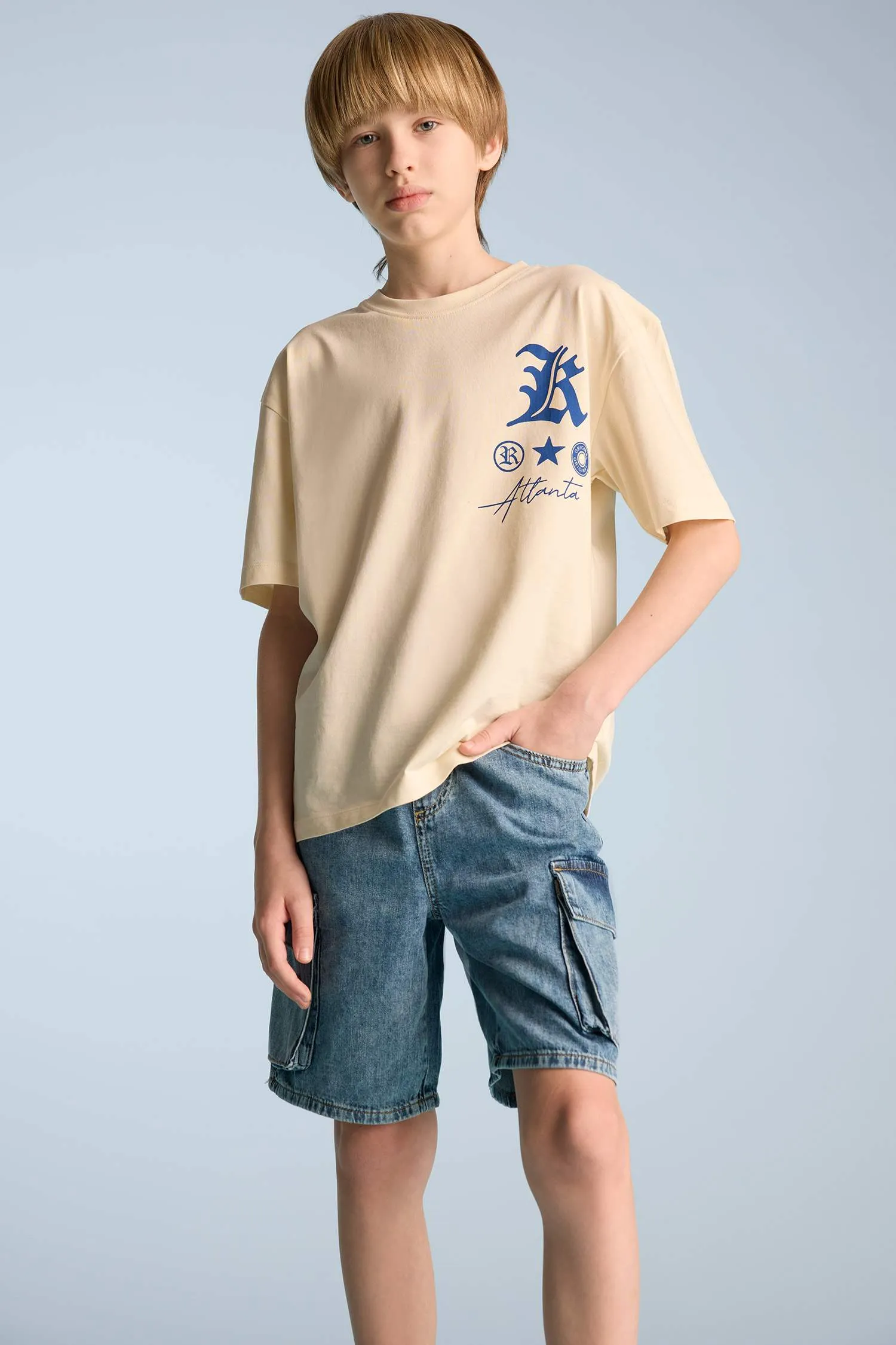 Male Kids Oversize Wide Mold Bicycle Collar Printed Short Sleeve T-Shirt
