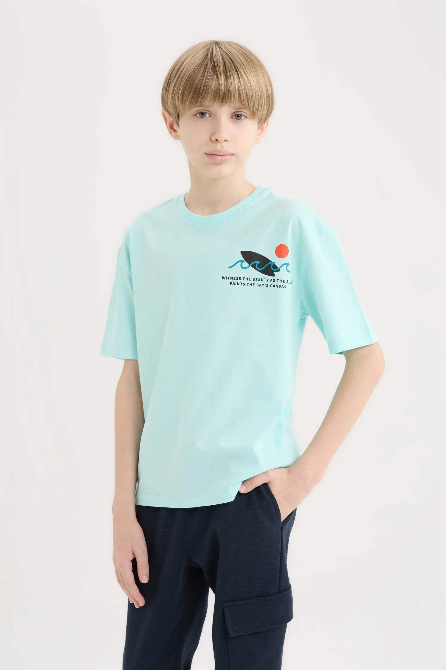 Male Kids Oversize Wide Mold Bicycle Collar Printed Short Sleeve T-Shirt