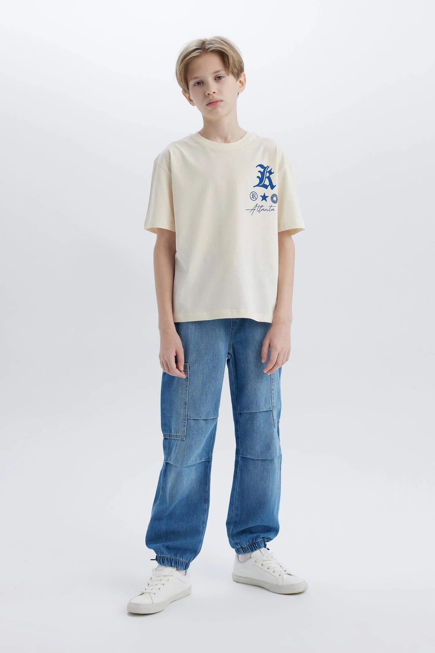 Male Kids Oversize Wide Mold Bicycle Collar Printed Short Sleeve T-Shirt