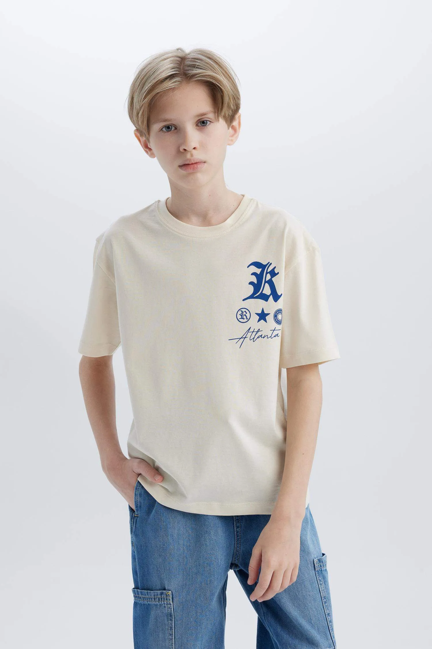 Male Kids Oversize Wide Mold Bicycle Collar Printed Short Sleeve T-Shirt