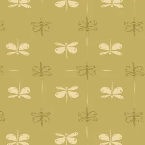 Meadow Walk Dragonfly Daze Flutter Mustard Yellow Green Fabric 1339-V