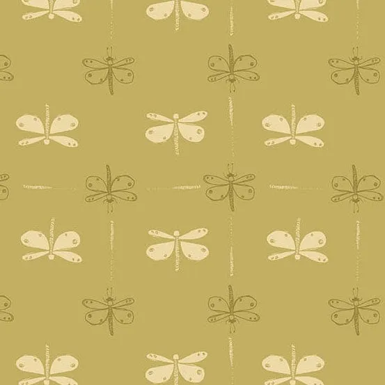Meadow Walk Dragonfly Daze Flutter Mustard Yellow Green Fabric 1339-V