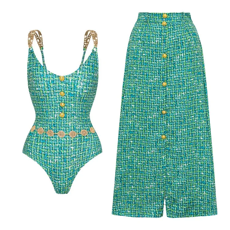 Metal Buckle Print One Piece Swimsuit Set - As shown / S