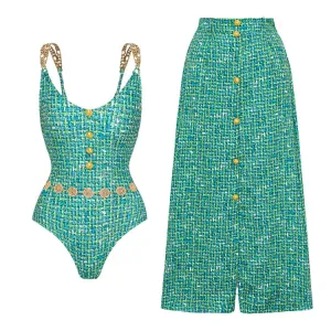 Metal Buckle Print One Piece Swimsuit Set - As shown / S