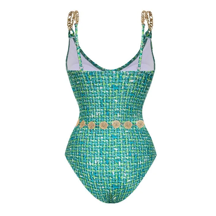 Metal Buckle Print One Piece Swimsuit Set - As shown / S