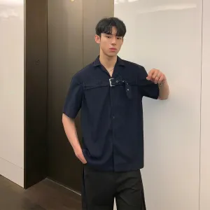Metal Buckle Strap Shirt with Front Pockets