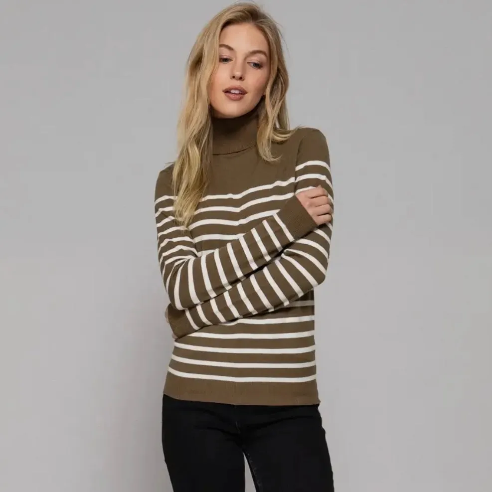 New England Stripe Turtleneck Sweater - Chocolate/Ivory