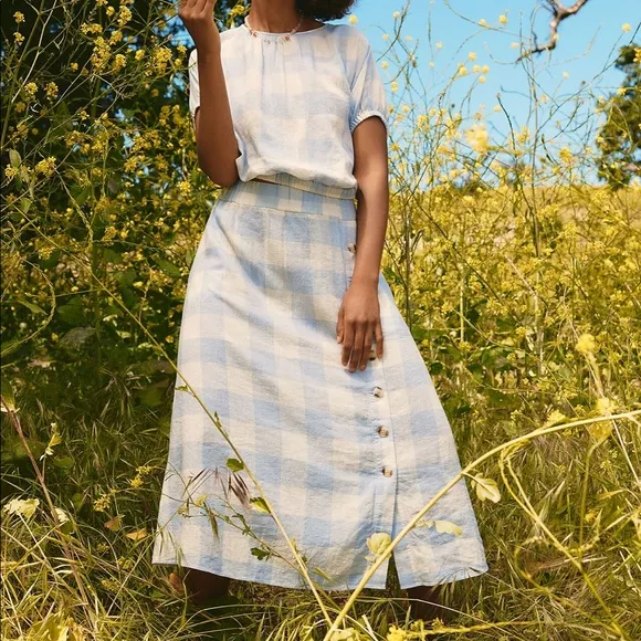 NWOT - Madewell Linen-Blend Side-Button Midi Skirt in Gingham Check - Si…
