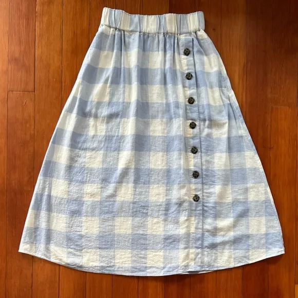 NWOT - Madewell Linen-Blend Side-Button Midi Skirt in Gingham Check - Si…
