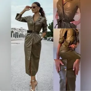 NWOT Zara Army Green Faux Leather Midi Dress