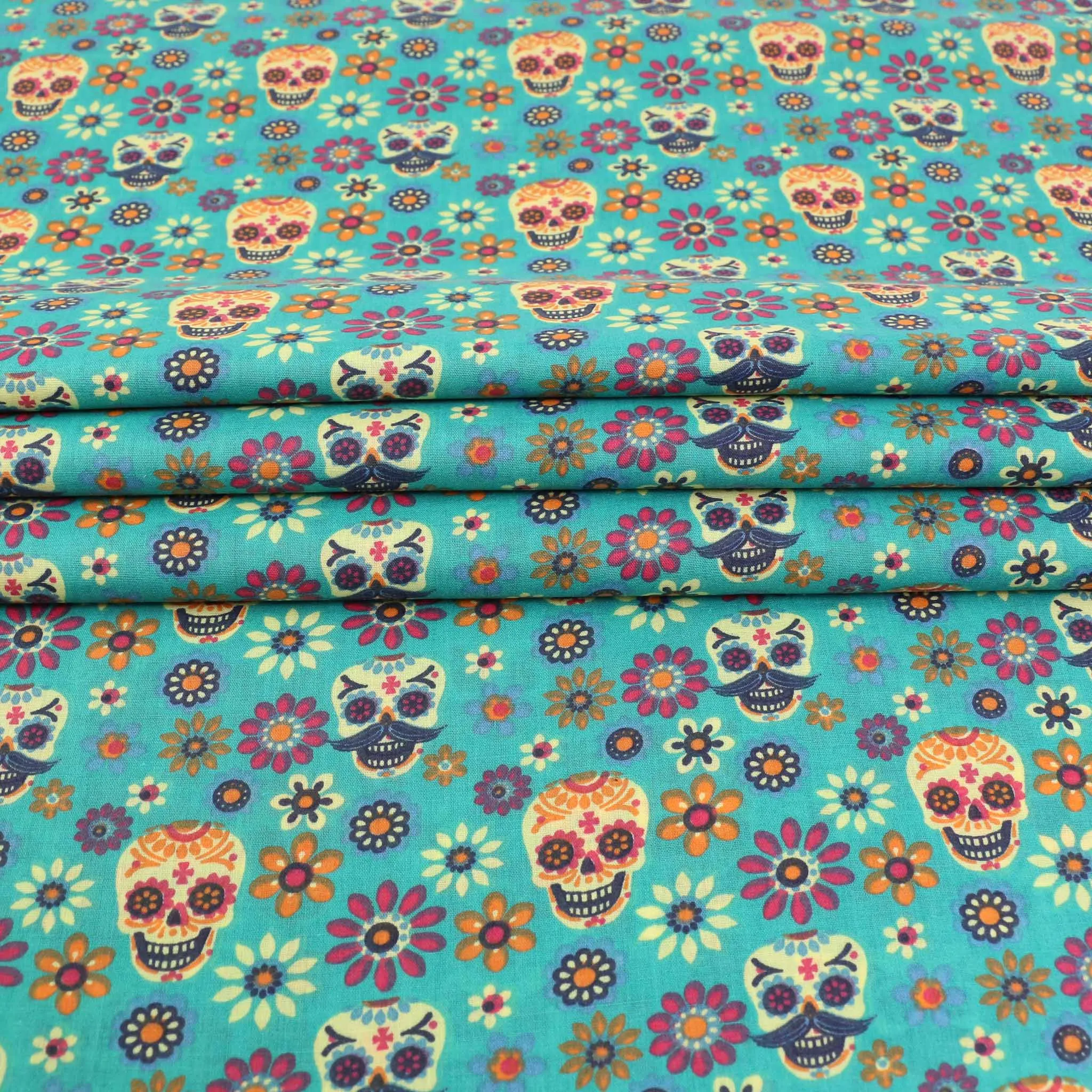 PolyCotton Poplin Fabric - Black, turquoise