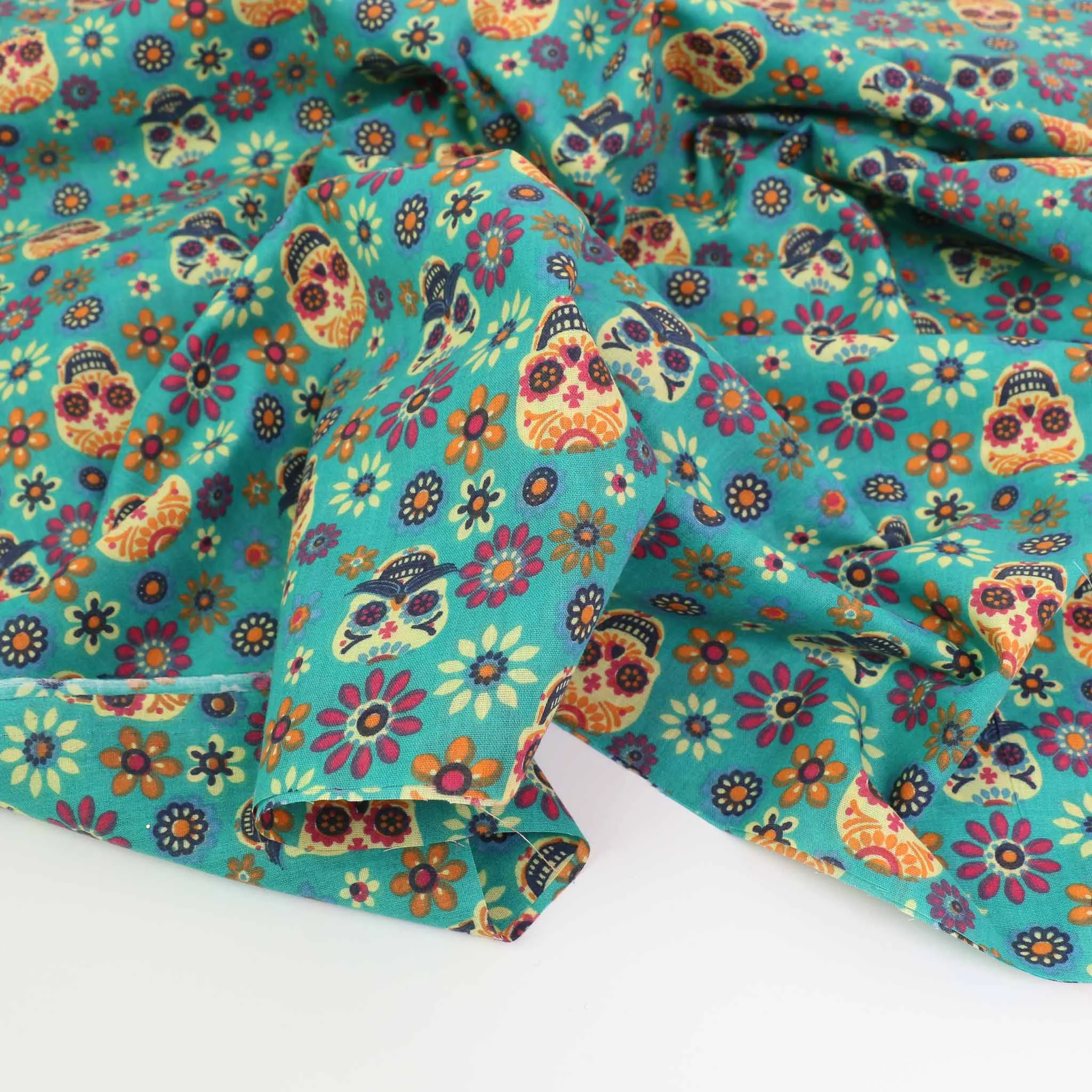 PolyCotton Poplin Fabric - Black, turquoise
