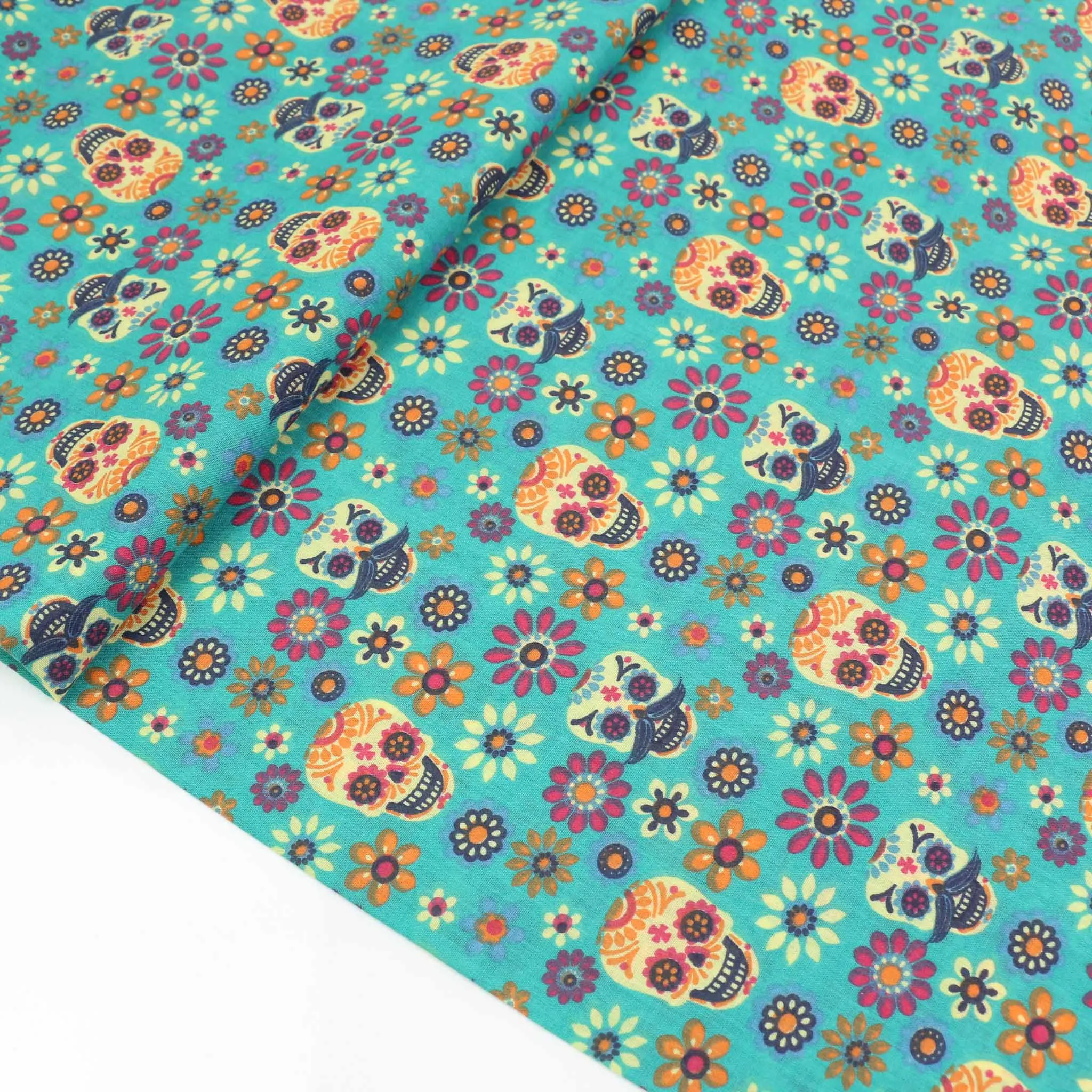 PolyCotton Poplin Fabric - Black, turquoise