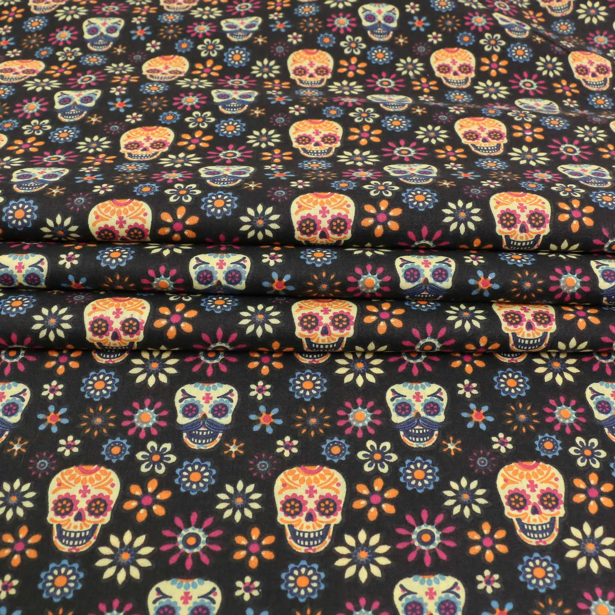 PolyCotton Poplin Fabric - Black, turquoise