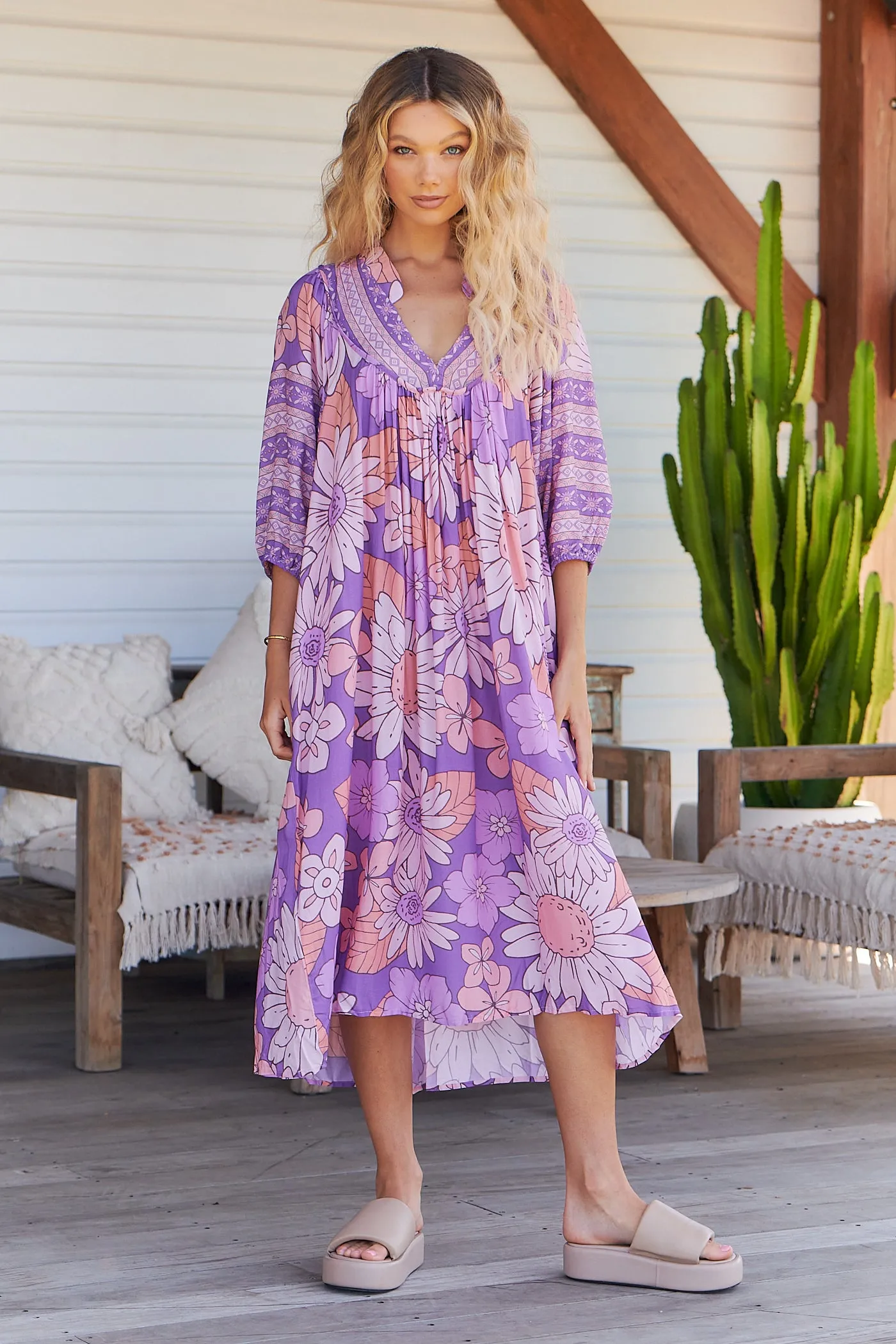 Purple Rain Print Bohemian Midi Dress
