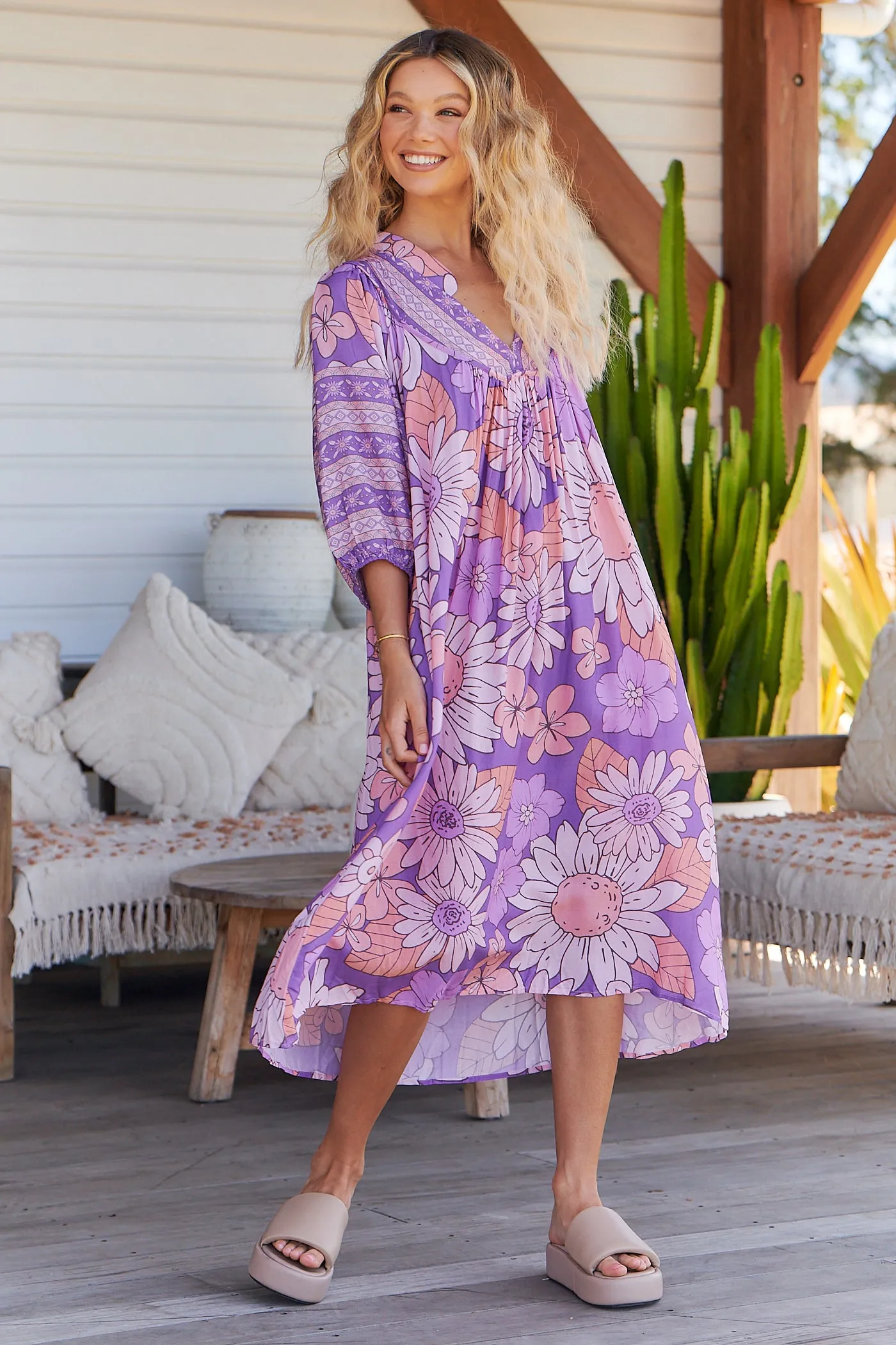 Purple Rain Print Bohemian Midi Dress